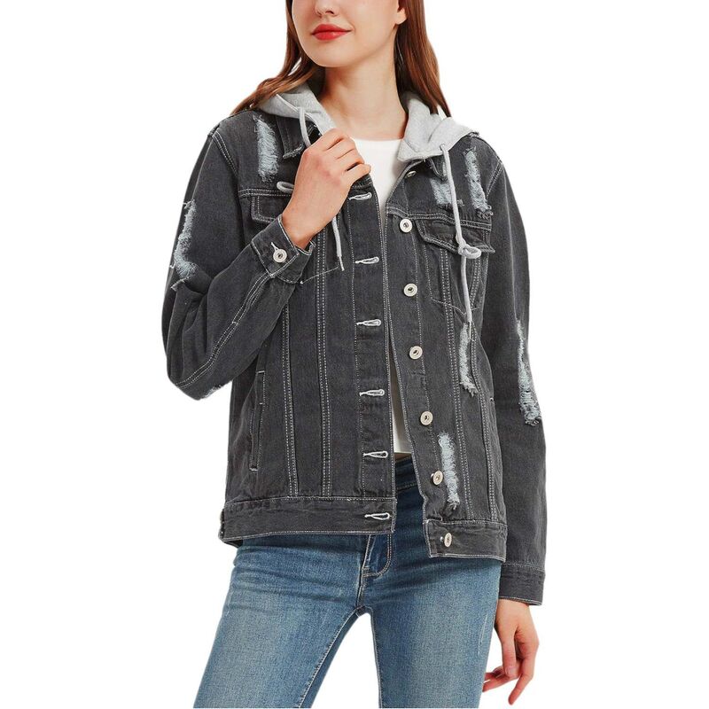 アンナカシ レディース アウター 上衣・上衣 ジーンズ パーカー Anna-Kaci Women\u0027s Detachable Hoodie Denim Distressed Jean Jacket Black 黒いこと