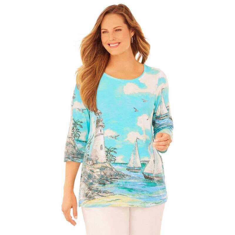 キャサリンズ レディース トップス プルオーバー つけ加える大きさ Catherines Women\u0027s Plusize 3/4 Sleeve Seasonal Tee Lighthouse Scenic