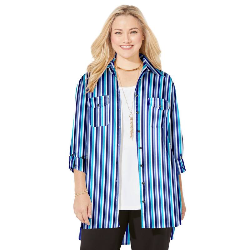 キャサリンズ レディース トップス シャツ プラスサイズ Catherines Women's Plusize Liz&Me Camp Shirt French Blue Vertical ブルー｜ReVida 店