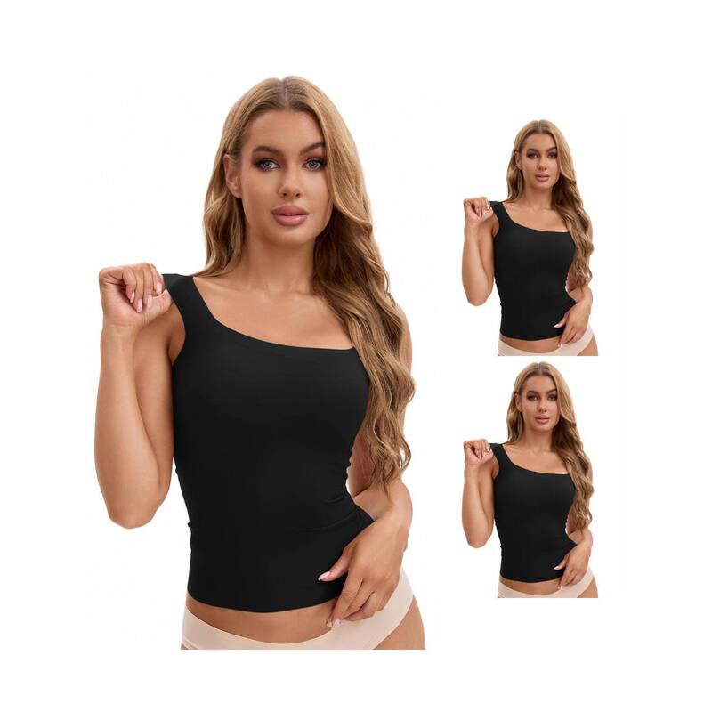インスパイア 今めかしい レディース トップス プルオーバー 地絹 INSPIRE CHIC 3 Packs Women\u0027s U Back Tanks with Built-In Bra Silky No Show Basic Tops Black 黒いこと