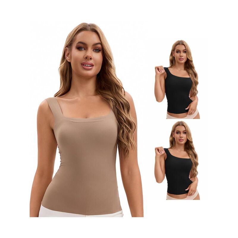 インスパイア 今めかしい レディース トップス プルオーバー 地絹 INSPIRE CHIC 3 Packs Women\u0027s U Back Tanks with Built-In Bra Silky No Show Basic Tops Black Coffee 黒いこと