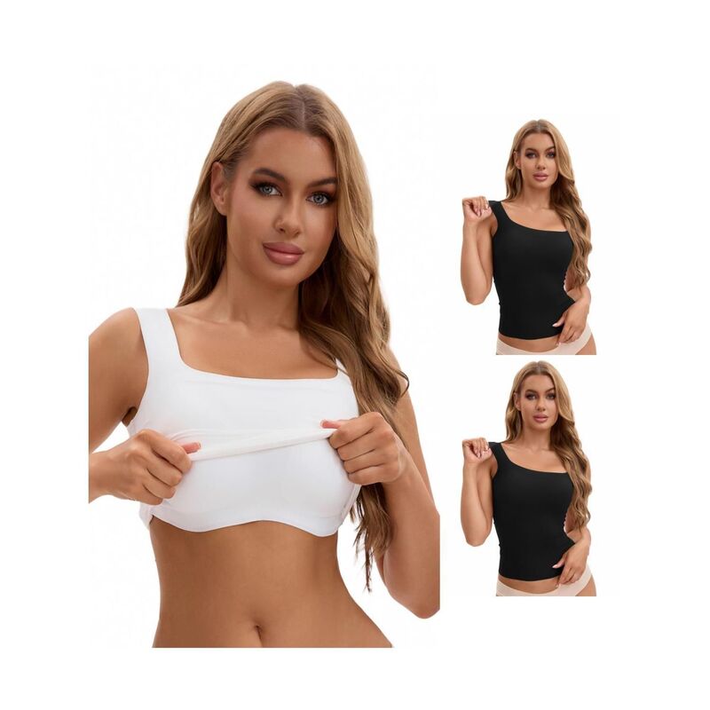 インスパイア 今めかしい レディース トップス プルオーバー 地絹 INSPIRE CHIC 3 Packs Women\u0027s U Back Tanks with Built-In Bra Silky No Show Basic Tops Black White 白いこと