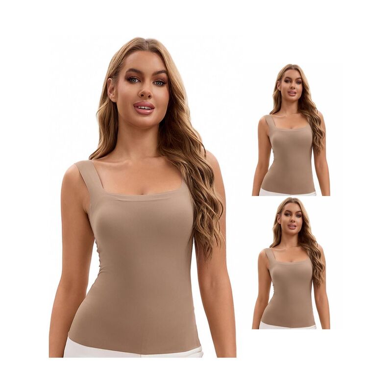 インスパイア 今めかしい レディース トップス プルオーバー 地絹 INSPIRE CHIC 3 Packs Women\u0027s U Back Tanks with Built-In Bra Silky No Show Basic Tops Coffee 珈琲