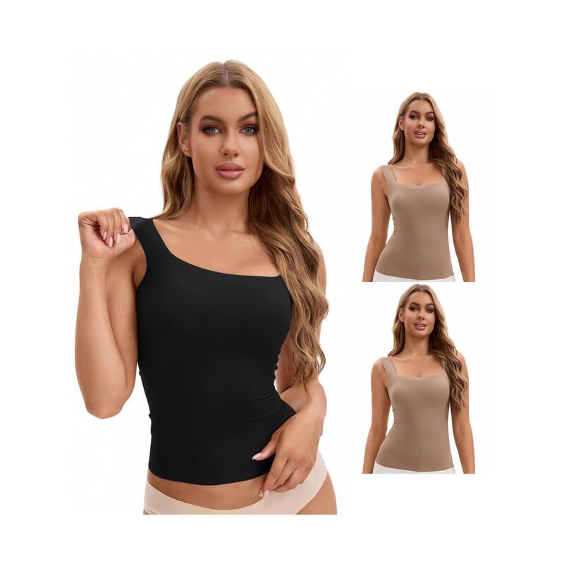 インスパイア 今めかしい レディース トップス プルオーバー 地絹 INSPIRE CHIC 3 Packs Women\u0027s U Back Tanks with Built-In Bra Silky No Show Basic Tops Coffee Black 黒いこと