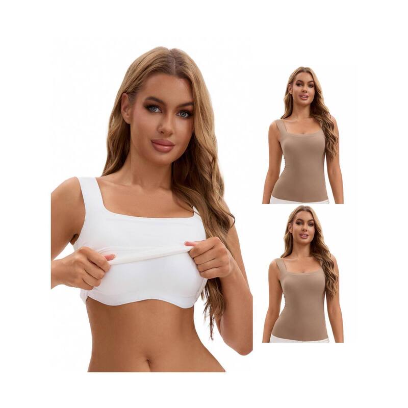 インスパイア 今めかしい レディース トップス プルオーバー 地絹 INSPIRE CHIC 3 Packs Women\u0027s U Back Tanks with Built-In Bra Silky No Show Basic Tops Coffee White 白いこと