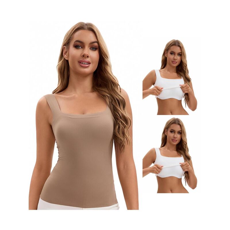 インスパイア 今めかしい レディース トップス プルオーバー 地絹 INSPIRE CHIC 3 Packs Women\u0027s U Back Tanks with Built-In Bra Silky No Show Basic Tops White Coffee 白いこと