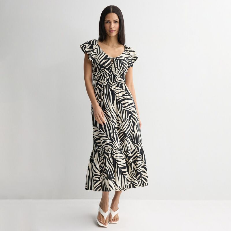 ナインウェスト レディース トップス ワンピース プチ マキシ Petite Nine West Flutter Sleeve Maxi Dress Black Botanic Zebra ブラック|ReVida 店