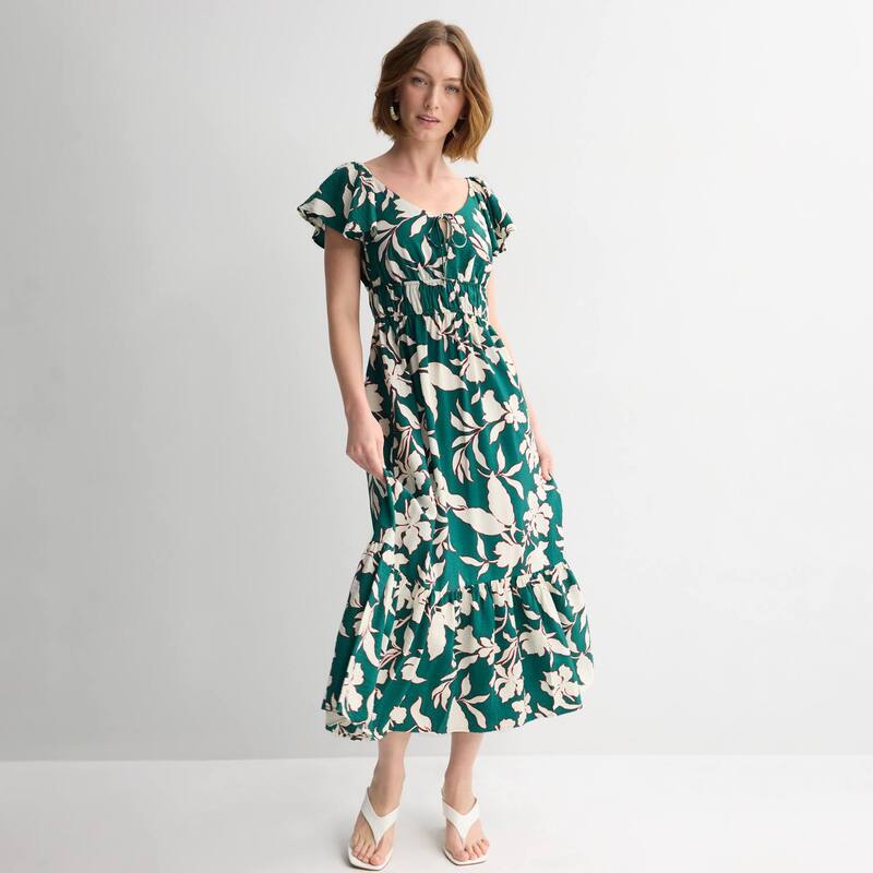 ナインウェスト レディース トップス ワンピース プチ マキシ Petite Nine West Flutter Sleeve Maxi Dress Green Rachel Floral グリーン|ReVida 店