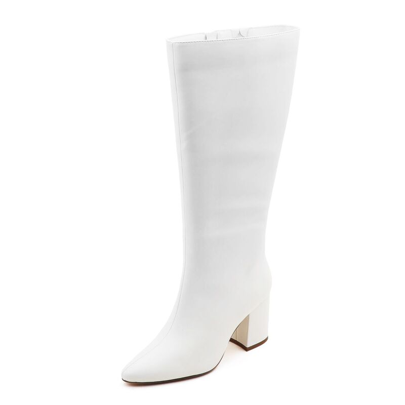 F.C 青写真 レディース シューズ ブーツ・レインブーツ トール スエードクロス 踵 F.C Design Chic Suede-Style Tall Boots for Women - Block Heel \u0026 Pointed Toe White Pu 白いこと