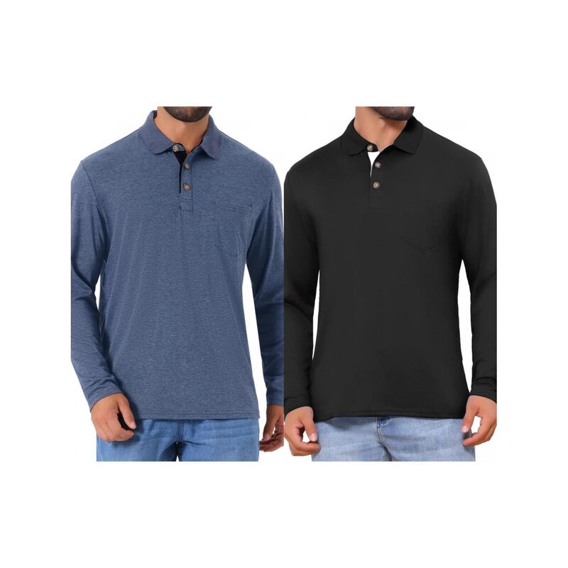インスパイア 今めかしい レディース トップス プルオーバー スポーツシャツ 対照 INSPIRE CHIC 2 Packs Men\u0027s Contrast Button Collared Pocket Long Sleeves Golf Polos with Pockets Black Dark Blue 黒いこと
