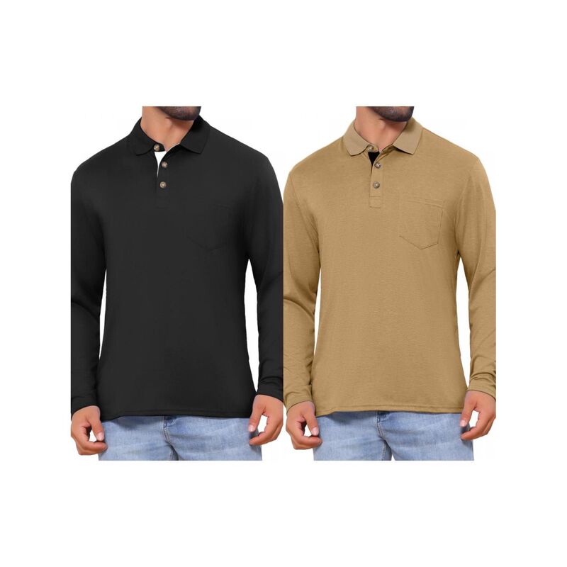 インスパイア 今めかしい レディース トップス プルオーバー スポーツシャツ 対照 INSPIRE CHIC 2 Packs Men\u0027s Contrast Button Collared Pocket Long Sleeves Golf Polos with Pockets Blackhaki 黒いこと