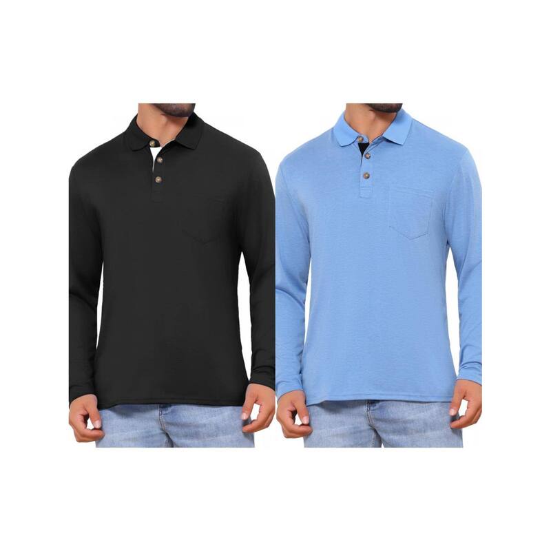 インスパイア 今めかしい レディース トップス プルオーバー スポーツシャツ 対照 INSPIRE CHIC 2 Packs Men\u0027s Contrast Button Collared Pocket Long Sleeves Golf Polos with Pockets Black Light Blue 黒いこと
