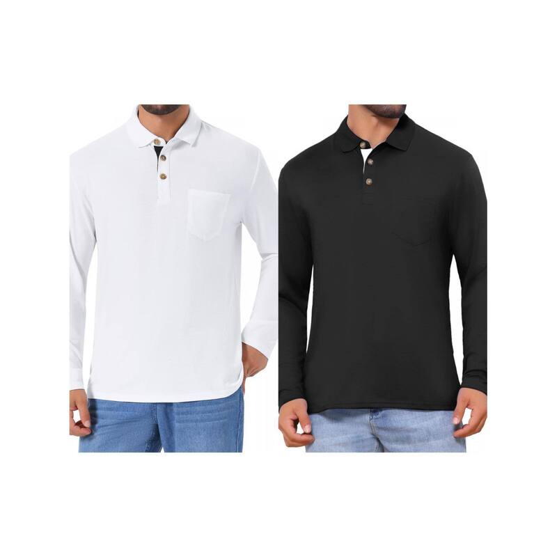 インスパイア 今めかしい レディース トップス プルオーバー スポーツシャツ 対照 INSPIRE CHIC 2 Packs Men\u0027s Contrast Button Collared Pocket Long Sleeves Golf Polos with Pockets Black White 白いこと