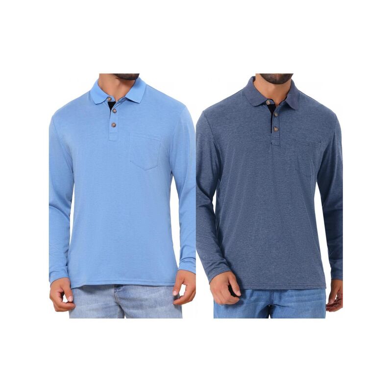 インスパイア 今めかしい レディース トップス プルオーバー スポーツシャツ 対照 INSPIRE CHIC 2 Packs Men\u0027s Contrast Button Collared Pocket Long Sleeves Golf Polos with Pockets Dark Blue Light Blue 青み