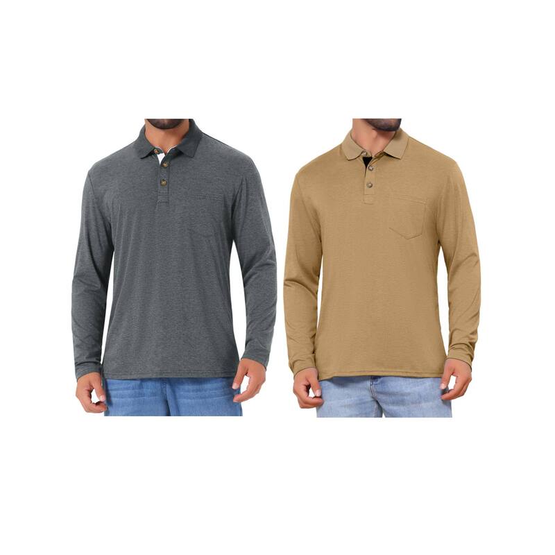 インスパイア 今めかしい レディース トップス プルオーバー スポーツシャツ 対照 INSPIRE CHIC 2 Packs Men\u0027s Contrast Button Collared Pocket Long Sleeves Golf Polos with Pockets Dark Gray Khaki 薄墨色