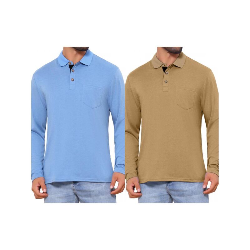 インスパイア 今めかしい レディース トップス プルオーバー スポーツシャツ 対照 INSPIRE CHIC 2 Packs Men\u0027s Contrast Button Collared Pocket Long Sleeves Golf Polos with Pockets Khaki Light Blue 青み