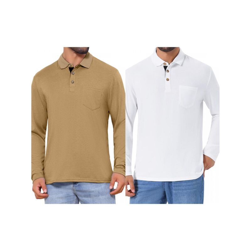 インスパイア 今めかしい レディース トップス プルオーバー スポーツシャツ 対照 INSPIRE CHIC 2 Packs Men\u0027s Contrast Button Collared Pocket Long Sleeves Golf Polos with Pockets Khaki White 白いこと