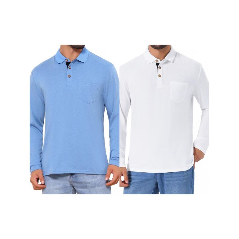 インスパイア 今めかしい レディース トップス プルオーバー スポーツシャツ 対照 INSPIRE CHIC 2 Packs Men\u0027s Contrast Button Collared Pocket Long Sleeves Golf Polos with Pockets Light Blue White 白いこと