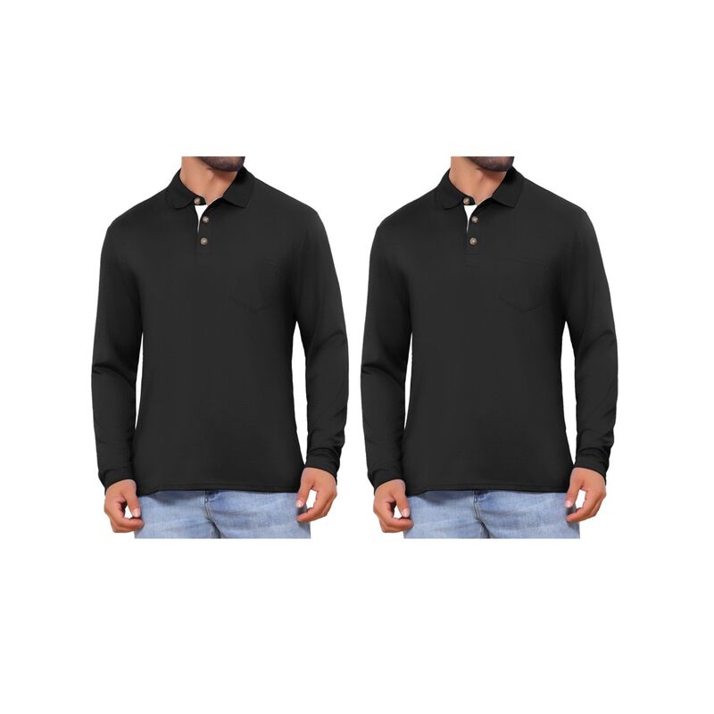 インスパイア 今めかしい レディース トップス プルオーバー スポーツシャツ 対照 INSPIRE CHIC 2 Packs Men\u0027s Contrast Button Collared Pocket Long Sleeves Golf Polo T-Shirts Black 黒いこと