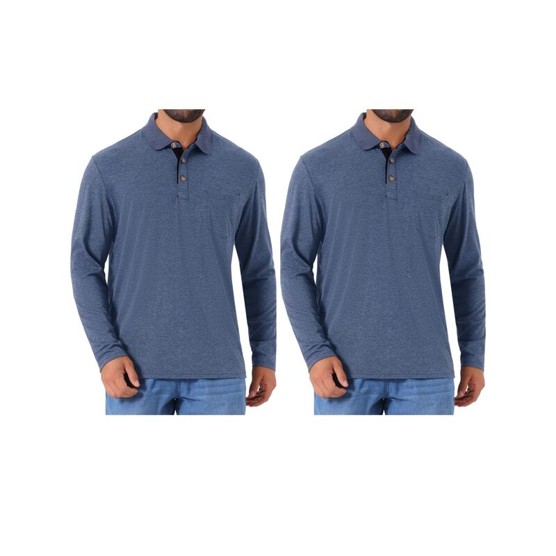 インスパイア 今めかしい レディース トップス プルオーバー スポーツシャツ 対照 INSPIRE CHIC 2 Packs Men\u0027s Contrast Button Collared Pocket Long Sleeves Golf Polo T-Shirts Dark Blue 青み