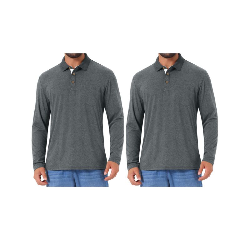 インスパイア 今めかしい レディース トップス プルオーバー スポーツシャツ 対照 INSPIRE CHIC 2 Packs Men\u0027s Contrast Button Collared Pocket Long Sleeves Golf Polo T-Shirts Dark Gray 薄墨色