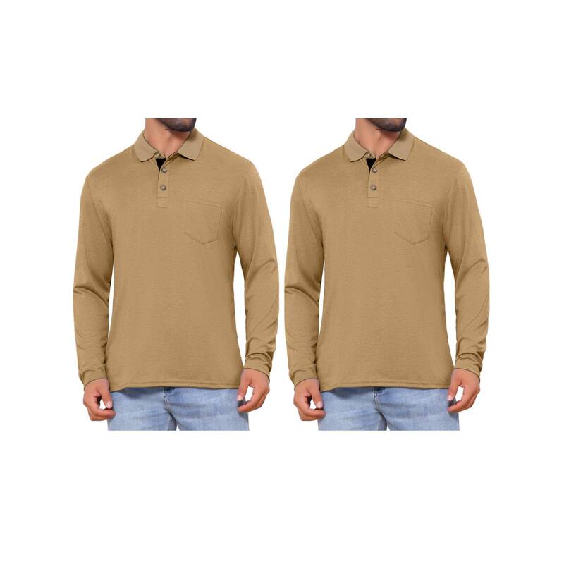 インスパイア 今めかしい レディース トップス プルオーバー スポーツシャツ 対照 INSPIRE CHIC 2 Packs Men\u0027s Contrast Button Collared Pocket Long Sleeves Golf Polo T-Shirts Khaki カーキ