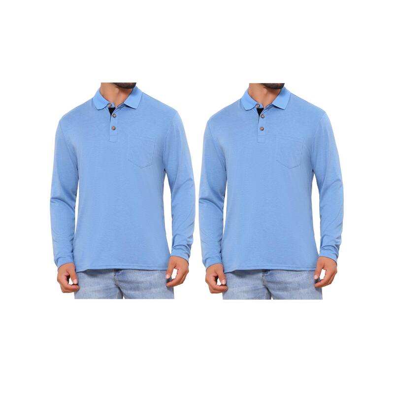 インスパイア 今めかしい レディース トップス プルオーバー スポーツシャツ 対照 INSPIRE CHIC 2 Packs Men\u0027s Contrast Button Collared Pocket Long Sleeves Golf Polo T-Shirts Light Blue 青み