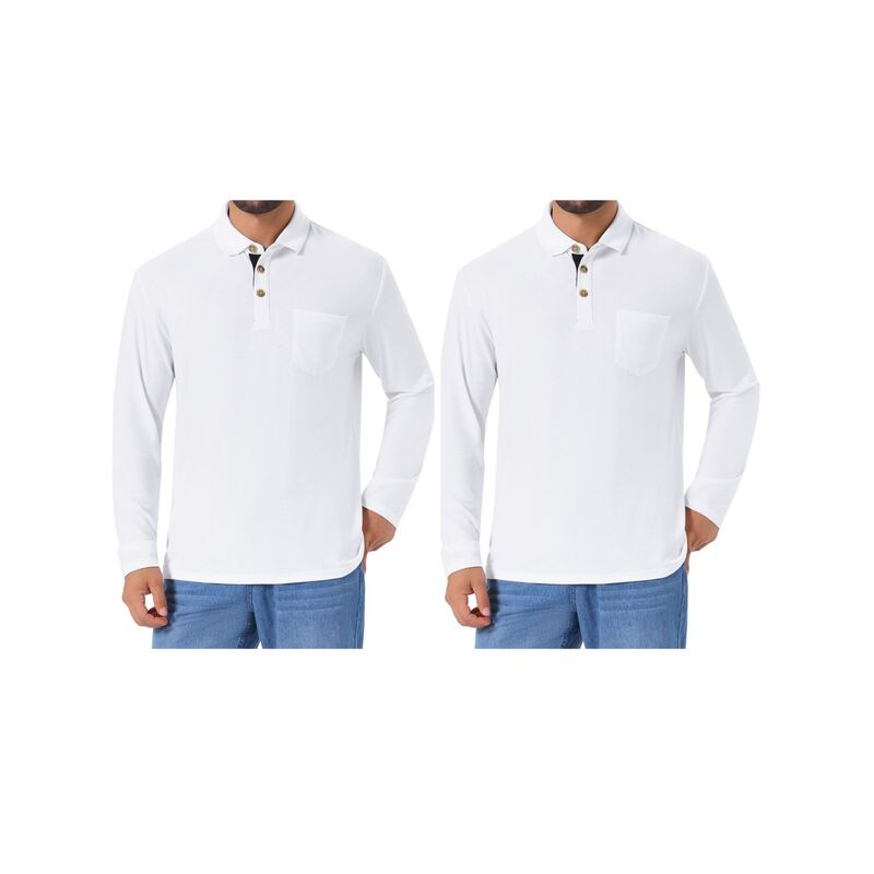 インスパイア 今めかしい レディース トップス プルオーバー スポーツシャツ 対照 INSPIRE CHIC 2 Packs Men\u0027s Contrast Button Collared Pocket Long Sleeves Golf Polo T-Shirts White 白いこと