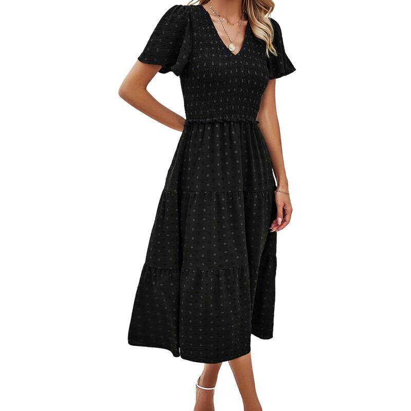 クリアフラワー レディース トップス ワンピース Vネック ティアード フリル ミディ シャーリング ClearFlower Women's V Neck Midi Dress Casual Short Sleeve Smocked Tiered Ruffle Dress Black ブラック|ReVida 店