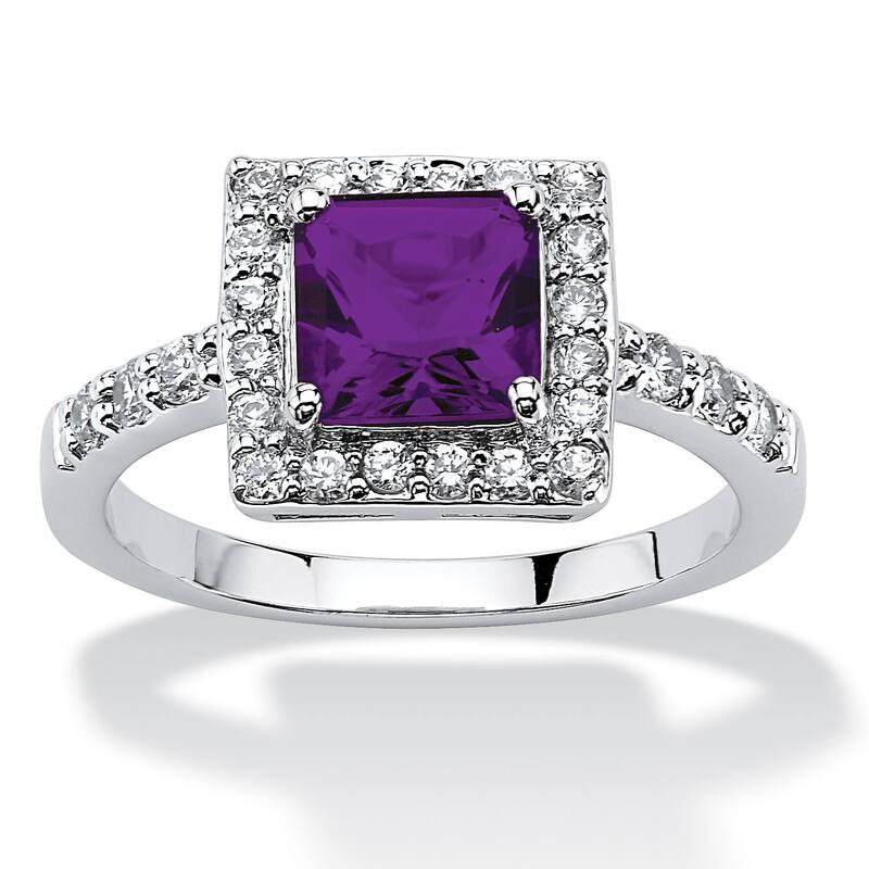 パームビーチジュエリー レディース アクセサリー リング PalmBeach Jewelry Sterling Silver Princess Cut Simulated Birthstone and Crystal Halo Ring February Amethyst シルバー｜ReVida 店