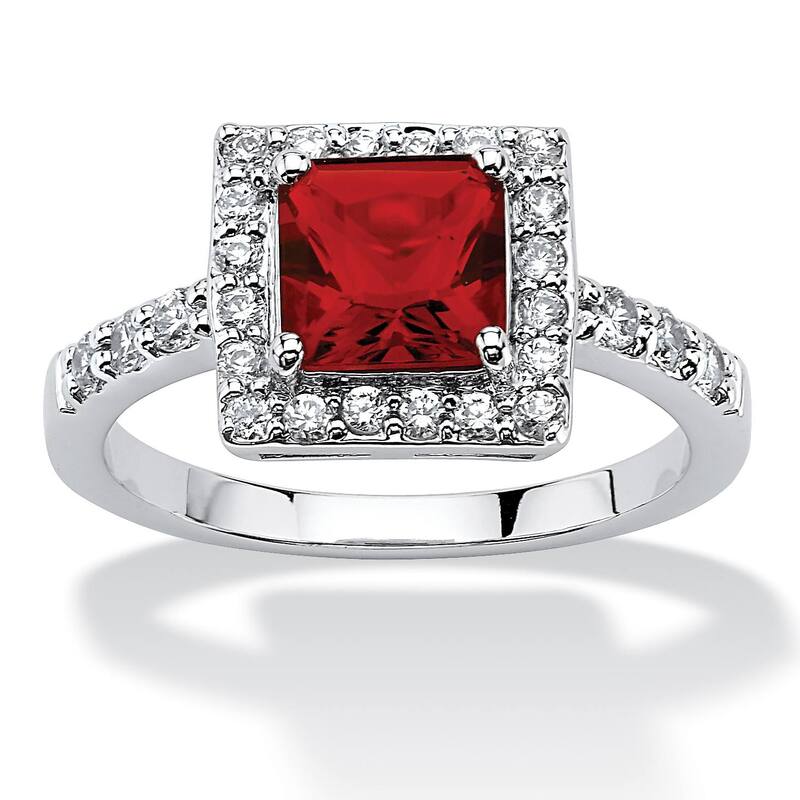 パームビーチジュエリー レディース アクセサリー リング PalmBeach Jewelry Sterling Silver Princess Cut Simulated Birthstone and Crystal Halo Ring July Ruby ルビー｜ReVida 店