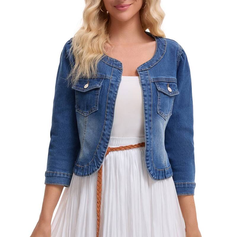 インスパイア 今めかしい レディース アウター 上衣・上衣 ジレー ジーンズ INSPIRE CHIC Women\u0027s Denim Jacket Collarless Cardigan 3/4 Sleeve Jean Jackets Blue 青色