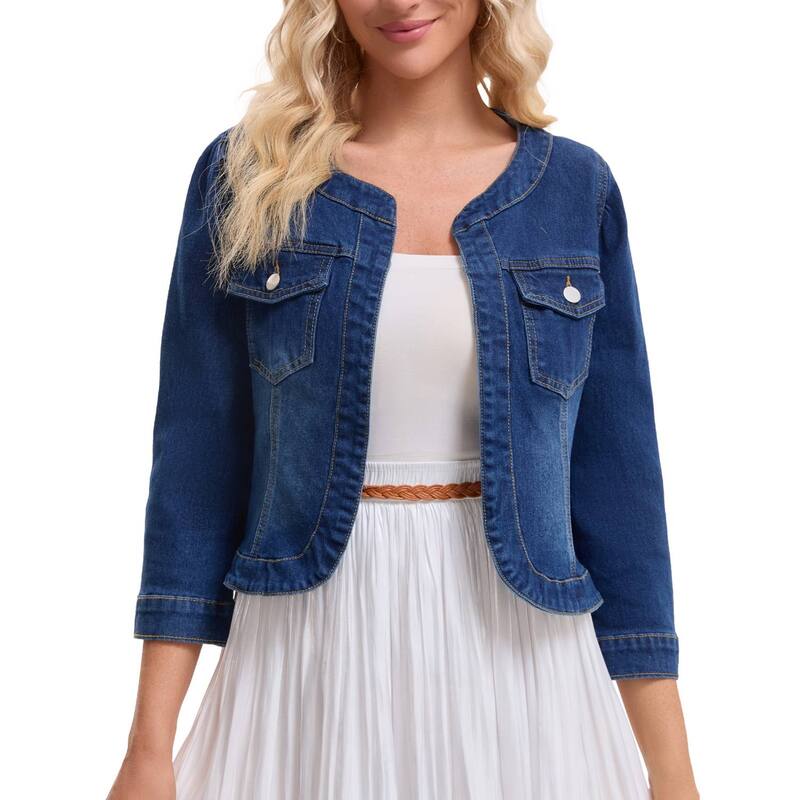 インスパイア 今めかしい レディース アウター 上衣・上衣 ジレー ジーンズ INSPIRE CHIC Women\u0027s Denim Jacket Collarless Cardigan 3/4 Sleeve Jean Jackets Dark Blue 青色