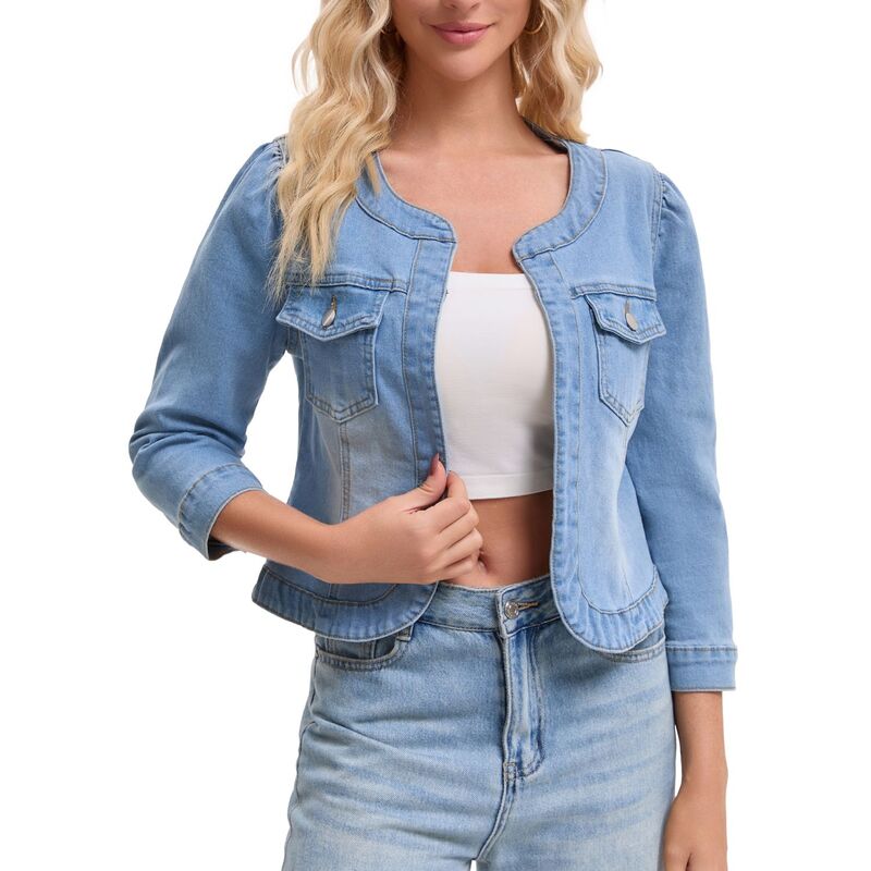 インスパイア 今めかしい レディース アウター 上衣・上衣 ジレー ジーンズ INSPIRE CHIC Women\u0027s Denim Jacket Collarless Cardigan 3/4 Sleeve Jean Jackets Light Blue 青色