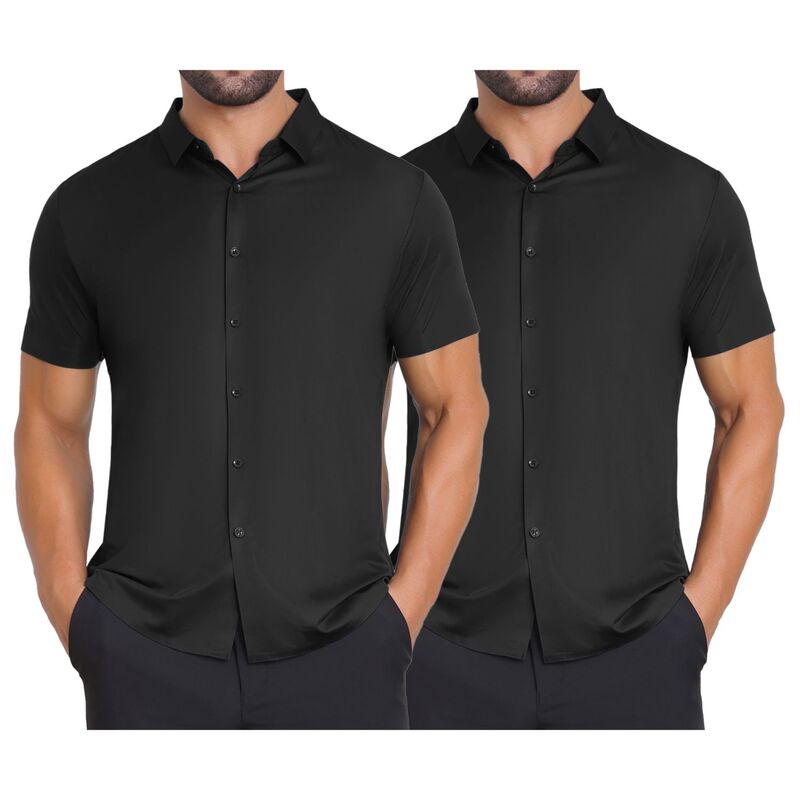 インスパイア 今めかしい レディース トップス プルオーバー 名取り草落ち込む INSPIRE CHIC 2 Packs Men\u0027s Button Down Point Collar Short Sleeve Solid Color Business Dresshirts Black 黒いこと