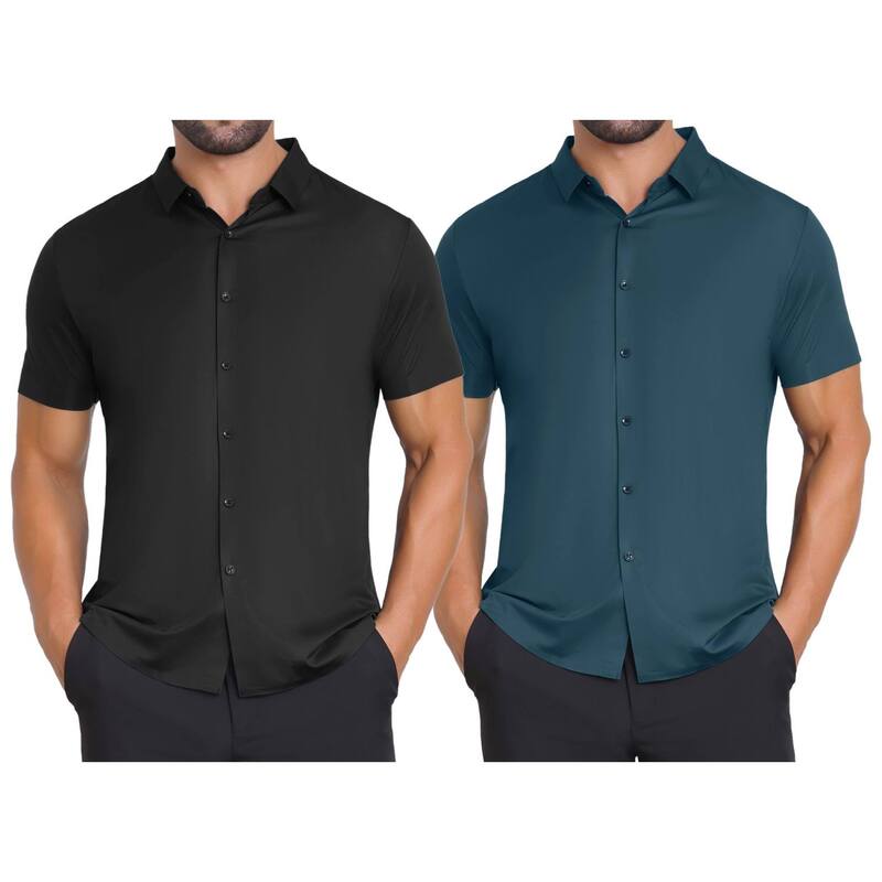 インスパイア 今めかしい レディース トップス プルオーバー 名取り草落ち込む INSPIRE CHIC 2 Packs Men\u0027s Button Down Point Collar Short Sleeve Solid Color Business Dresshirts Black Dark Green 黒いこと