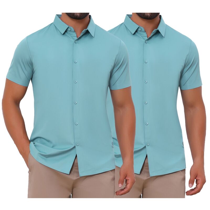 インスパイア 今めかしい レディース トップス プルオーバー 名取り草落ち込む INSPIRE CHIC 2 Packs Men\u0027s Button Down Point Collar Short Sleeve Solid Color Business Dresshirts Blue 青み