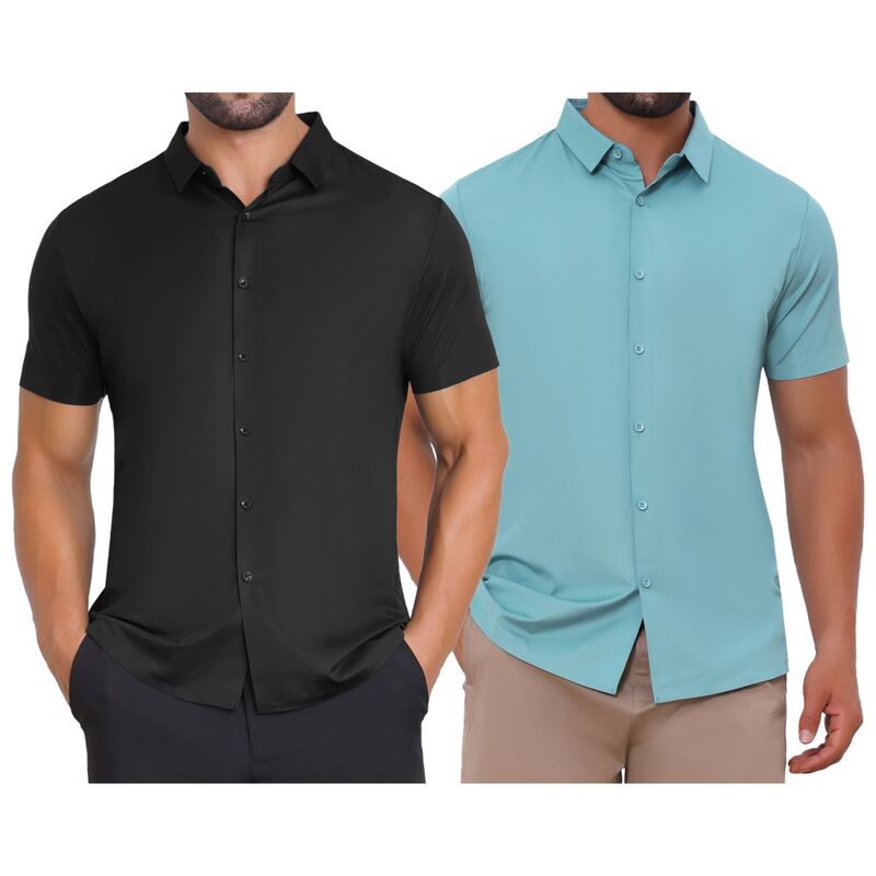 インスパイア 今めかしい レディース トップス プルオーバー 名取り草落ち込む INSPIRE CHIC 2 Packs Men\u0027s Button Down Point Collar Short Sleeve Solid Color Business Dresshirts Blue Black 黒いこと