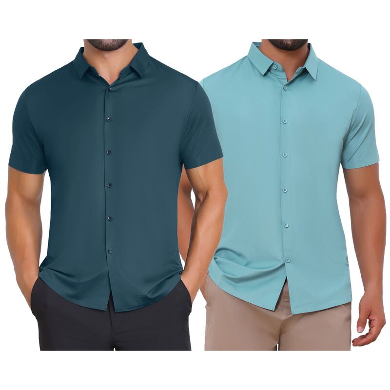 インスパイア 今めかしい レディース トップス プルオーバー 名取り草落ち込む INSPIRE CHIC 2 Packs Men\u0027s Button Down Point Collar Short Sleeve Solid Color Business Dresshirts Blue Dark Green 青み