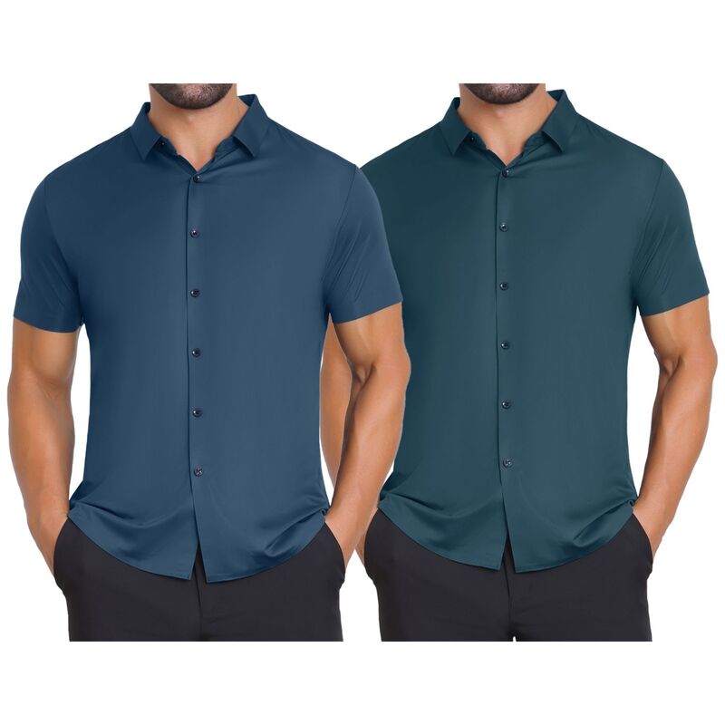 インスパイア 今めかしい レディース トップス プルオーバー 名取り草落ち込む INSPIRE CHIC 2 Packs Men\u0027s Button Down Point Collar Short Sleeve Solid Color Business Dresshirts Dark Blue Dark Green 青み