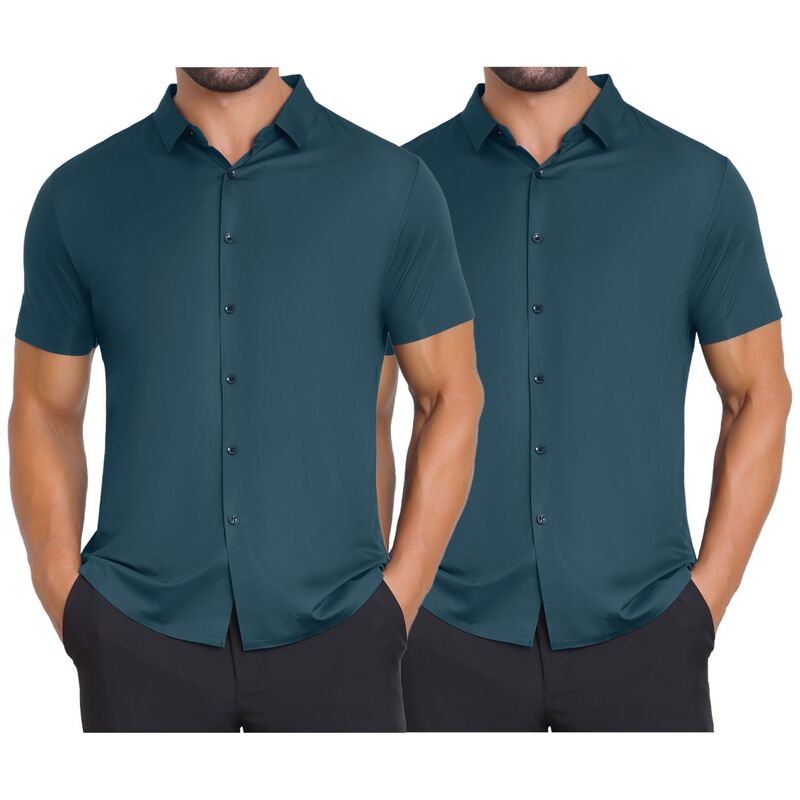 インスパイア 今めかしい レディース トップス プルオーバー 名取り草落ち込む INSPIRE CHIC 2 Packs Men\u0027s Button Down Point Collar Short Sleeve Solid Color Business Dresshirts Dark Green 緑であること