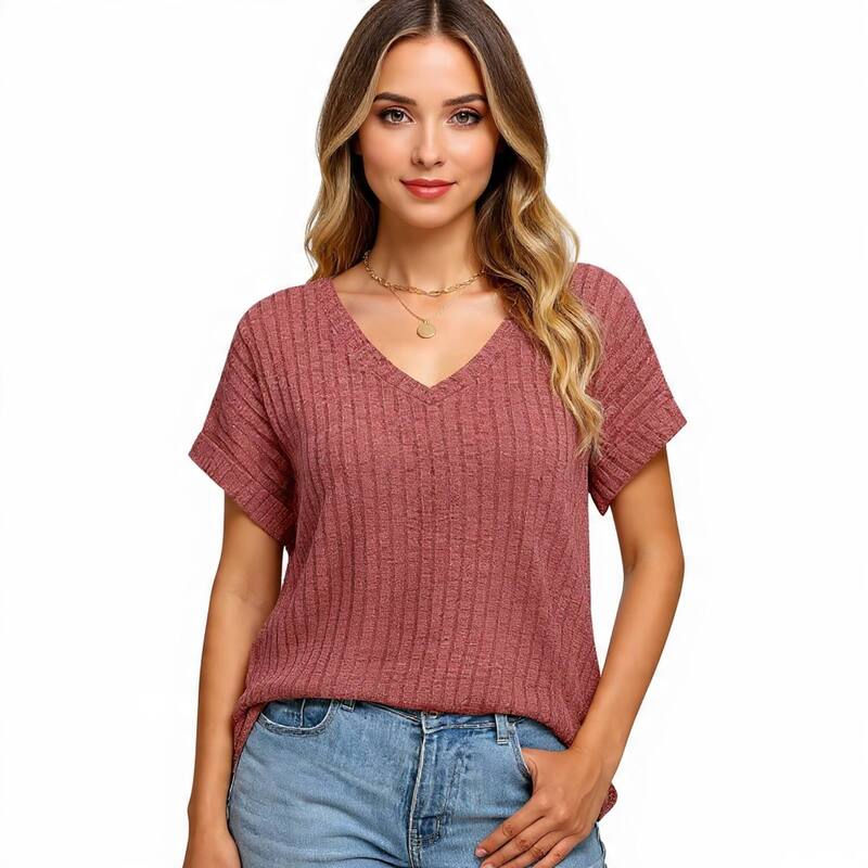 メガリテイラー レディース トップス プルオーバー V素っ首 MegaRetailer Dressy Casual V-Neck Side Splitee Wine Red 赤いこと