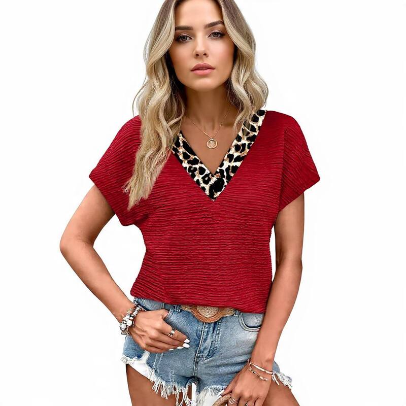 メガリテイラー レディース トップス プルオーバー MegaRetailer Short Sleeve Business Casual T-Shirts Red Leopard 赤いこと