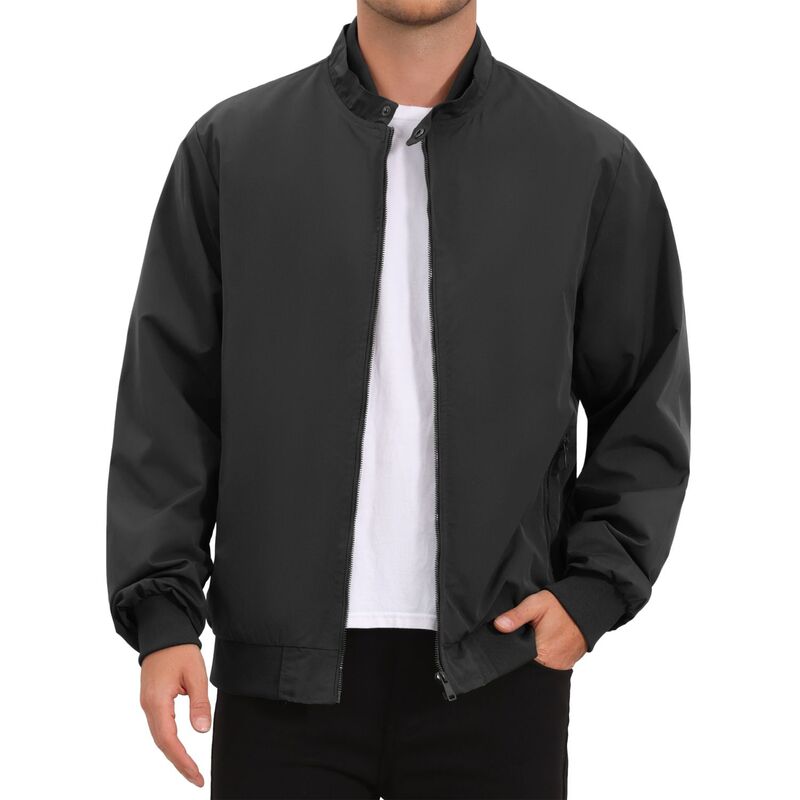 インスパイア シック レディース アウター ジャケット・ブルゾン INSPIRE CHIC Men's Windbreaker Stand Collar Solid Lightweight Zipper Casual Bomber Jacket Black ブラック|ReVida 店
