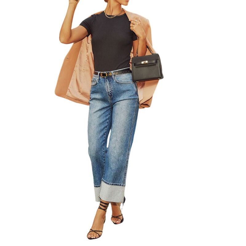 クリアラブ レディース ボトムス デニムパンツ ワイドレッグ クロップド ジーンズ Clearlove Women's High Waisted Wide Leg Cropped Jeanstretchy Fold Hem Baggy Denim Pants with Pockets Dark Blue ブルー|ReVida 店