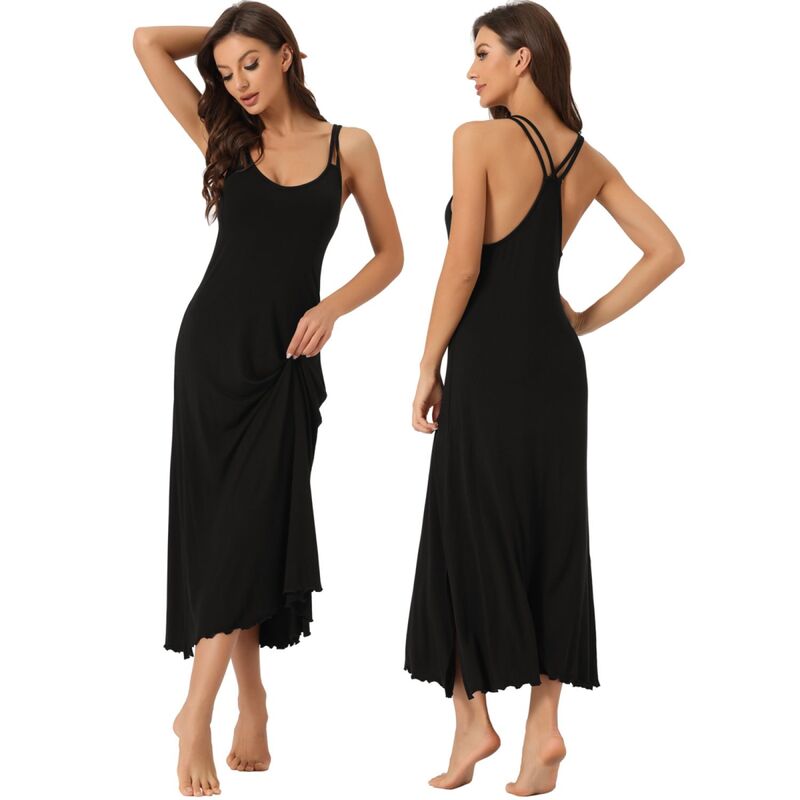 インスパイア 今めかしい レディース アンダーお召しもの ナイト爵お召しもの MIDI INSPIRE CHIC 2Pcs Women\u0027s Lingerie Nighties Midi Pajama Dress Loungewearacer Back Full Slip Camisole Nightgowns Black 黒いこと