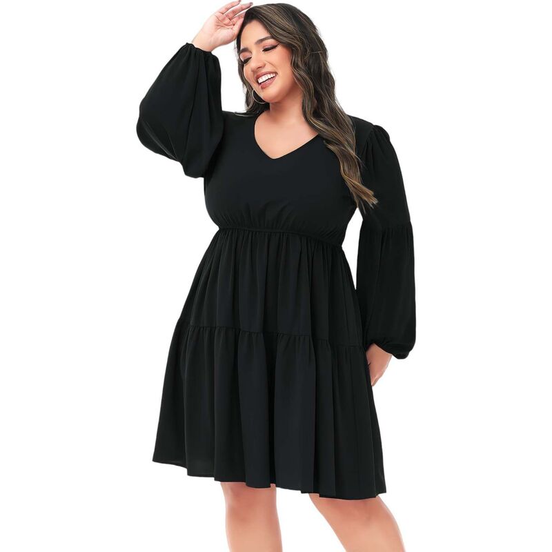 アンナカシ レディース トップス ワンピース Vネック シャーリング Anna-Kaci Women's Tunic Dress V Neck Long Sleeve Smocked Casualoose Flowy Swing Shift Dresses Black ブラック|ReVida 店