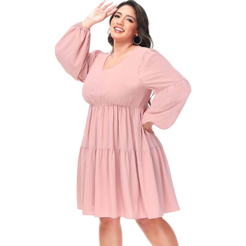 アンナカシ レディース トップス ワンピース Vネック シャーリング Anna-Kaci Women's Tunic Dress V Neck Long Sleeve Smocked Casualoose Flowy Swing Shift Dresses Pink ピンク|ReVida 店