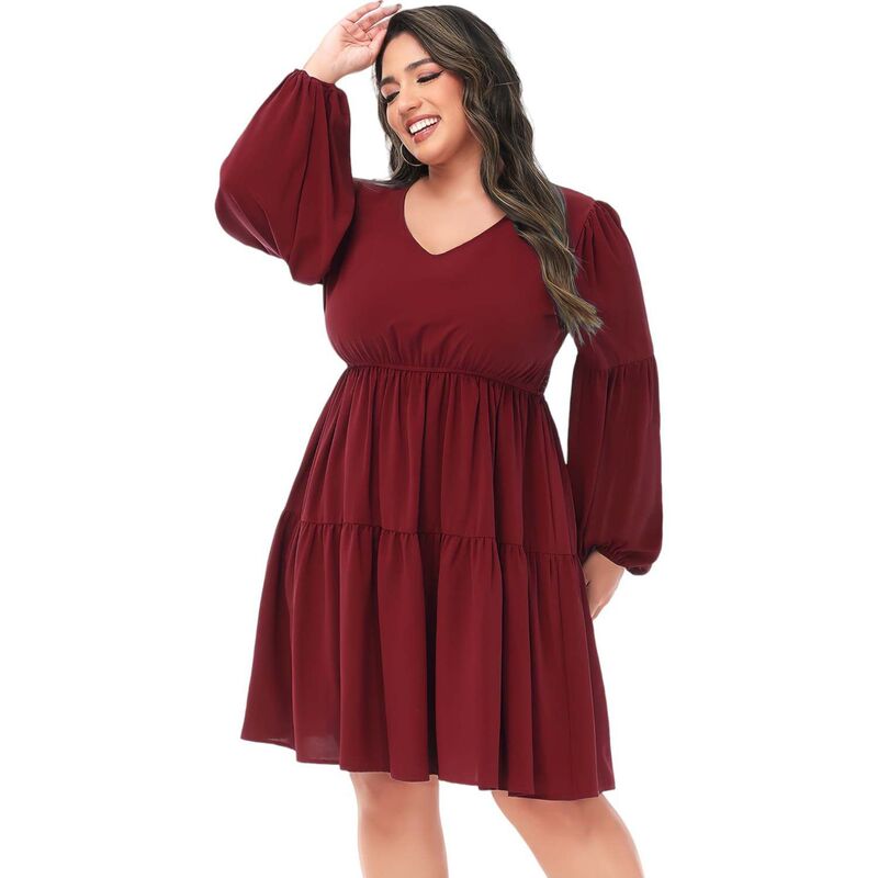 アンナカシ レディース トップス ワンピース Vネック シャーリング Anna-Kaci Women's Tunic Dress V Neck Long Sleeve Smocked Casualoose Flowy Swing Shift Dresses Red レッド|ReVida 店