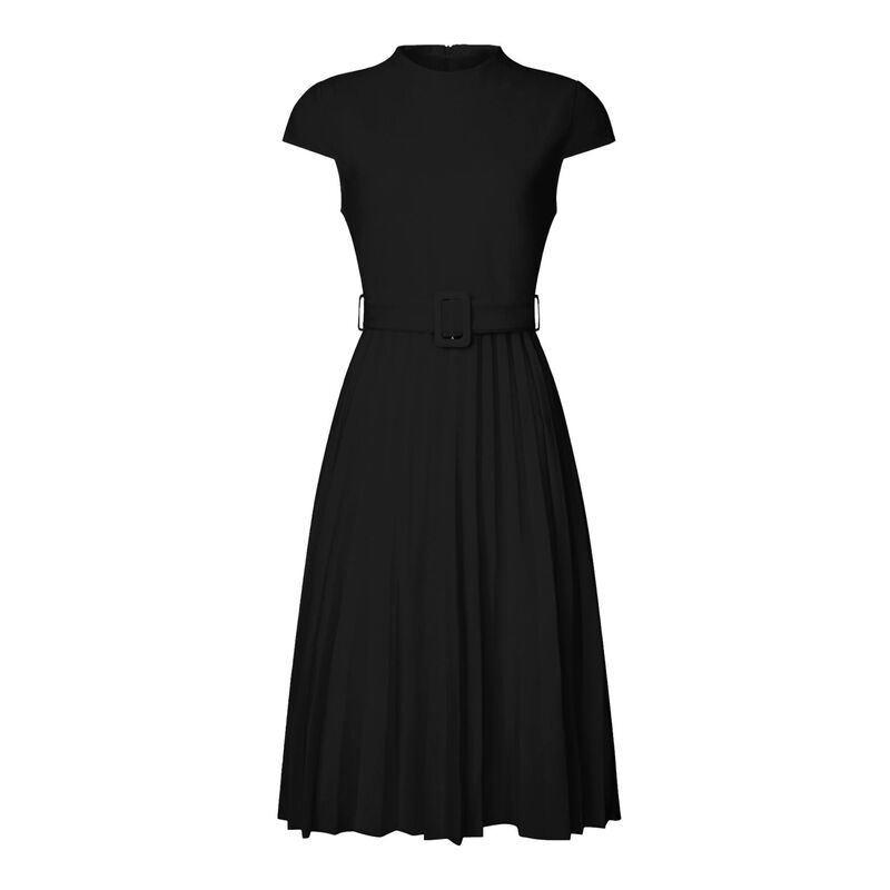 ホンベティ レディース トップス ワンピース モックネック A ライン プリーツ キャップ Hombety Women's Pleatedress Mock Neck Cap Sleeve Belted A-Line Dresses Black ブラック|ReVida 店